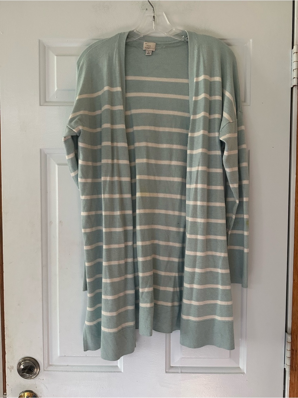 a new day aqua and White Striped Long Open Cardigan. Size large.